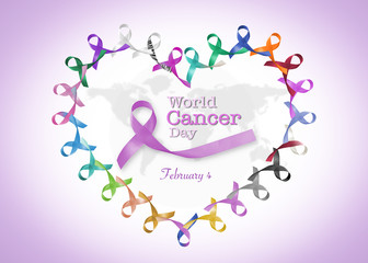 World cancer day February 4  in heart cycle of multi-color & lavender purple colour  ribbons