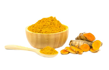 Turmeric powder and turmeric isolated on white background, indian spice, healthy seasoning ingredient for vegan cuisine concept.