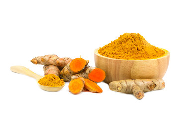 Turmeric powder and turmeric isolated on white background, indian spice, healthy seasoning ingredient for vegan cuisine concept.
