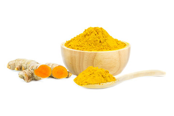 Turmeric powder and turmeric isolated on white background, indian spice, healthy seasoning ingredient for vegan cuisine concept.