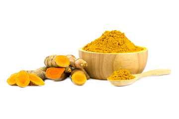 Turmeric powder and turmeric isolated on white background, indian spice, healthy seasoning ingredient for vegan cuisine concept.