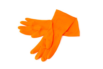 Close-up two orange rubber gloves isolated on a white background.