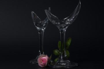 Two Broken Champagne Glasses with a pink rose