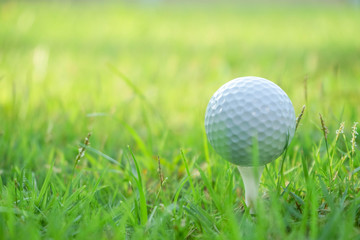 Golf ball on tee in beautiful golf course at sunset background.
