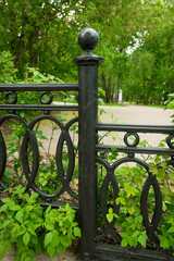 Element of a vintage black fence with green leaves against the background of the park.