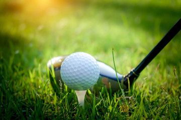 Golf ball and golf club in beautiful golf course at Thailand. Collection of golf equipment resting on green grass with green background - obrazy, fototapety, plakaty