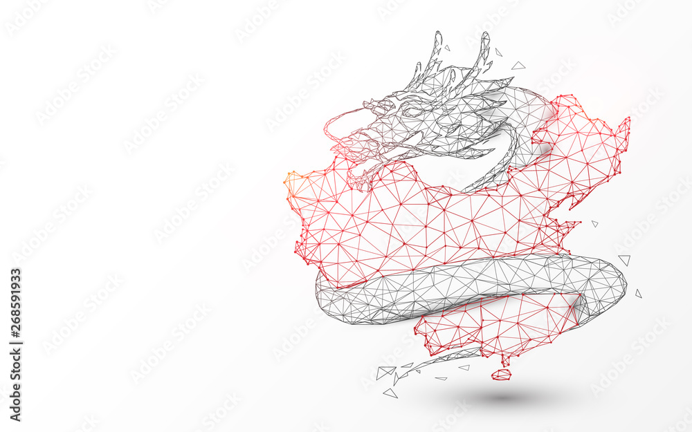 Poster China map with chinese dragon from lines, triangles and particle style design. Illustration vector