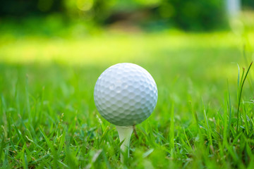 Golf ball on tee in beautiful golf course at sunset background.