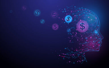 Human head with dollar sign from lines, triangles and particle style design. Illustration vector