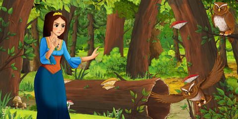 cartoon scene with happy young girl in the forest encountering pair of owls flying - illustration for children