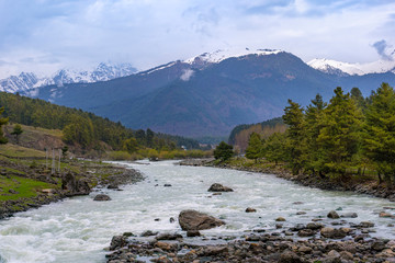 Beautiful landscape rain during trip from Pahalgam, Laripora village to Aru valley Park is the famous place travel destination in spring of Jammu and Kashmir, Srinagar, India