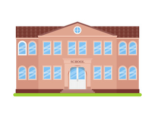 School building. Vector. Schoolhouse front view. Facade of education building. University, college icon isolated on white background. Cartoon flat illustration. Street architecture.