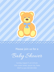 Baby Shower card. Vector. Baby boy invite. Birth party background. Cute blue design. Welcome template invitation banner. Happy greeting holiday poster with teddy bear. Cartoon flat illustration.
