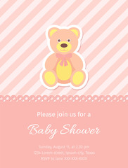 Baby Shower card. Vector. Baby girl invite. Birth party background. Cute pink design. Welcome template invitation banner. Happy greeting holiday poster with teddy bear. Cartoon flat illustration.