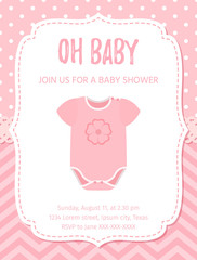 Baby Shower invite card. Vector. Baby girl pink design. Welcome template invitation banner. Birth party background. Happy greeting holiday poster with onesie. Cartoon flat illustration.