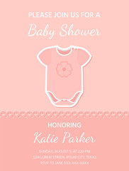 Baby girl card. Vector. Baby Shower invite. Welcome template invitation banner. Cute pink design. Birth party background. Happy greeting holiday poster with onesie. Cartoon flat illustration.