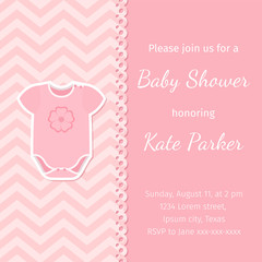 Baby Shower banner. Vector. Baby girl invitation card. Birth party background. Welcome template invite. Cute pink design. Happy greeting holiday poster with onesie. Cartoon flat illustration.