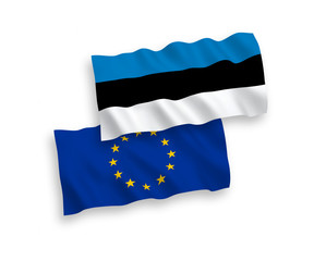 National vector fabric wave flags of Estonia and European Union isolated on white background. 1 to 2 proportion.
