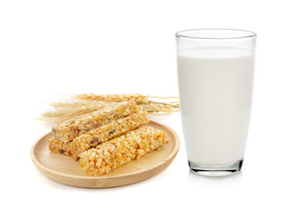 Glass of milk and Muesli Cereals Bars ,Healthy Granola Breakfast.