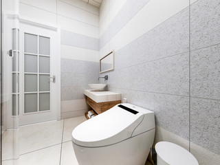 Modern bathroom in the home with smart toilet and shower, as well as sink and mirror
