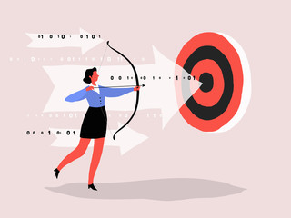 Business woman aiming the target. Concept vector illustration