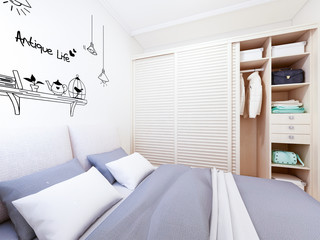 Fototapeta na wymiar Simple small bedroom design at home with wardrobe