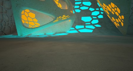 Abstract  Concrete and Glass Futuristic Sci-Fi interior With Pink And Yellow Glowing Neon Tubes . 3D illustration and rendering.