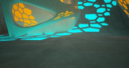 Abstract  Concrete and Glass Futuristic Sci-Fi interior With Pink And Yellow Glowing Neon Tubes . 3D illustration and rendering.