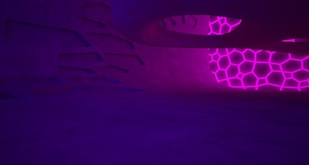 Abstract  Concrete Futuristic Sci-Fi interior With Pink And Blue Glowing Neon Tubes . 3D illustration and rendering.