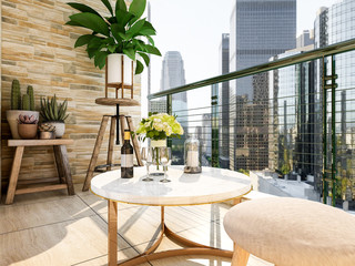 Beautiful outdoor balcony at home, sunny