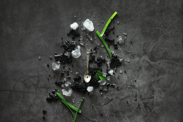 Fresh black fish roe. Beluga caviar served with ice.