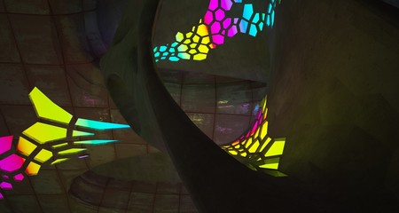 Abstract Concrete and Rusty Metal Futuristic Sci-Fi interior With Colored Glowing Neon Tubes . 3D illustration and rendering.
