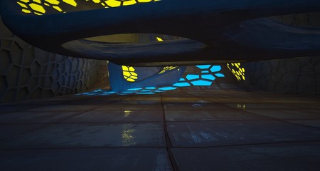  Abstract Concrete and Rusty Metal Futuristic Sci-Fi interior With Blue And Yellow Glowing Neon Tubes . 3D illustration and rendering.