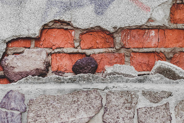 Grunge vintage brick wall texture and white stucco building facade. Brickwork background. White plaster texture, white stucco with red brick