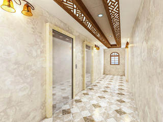 Luxury medieval style elevator corridor 3d design