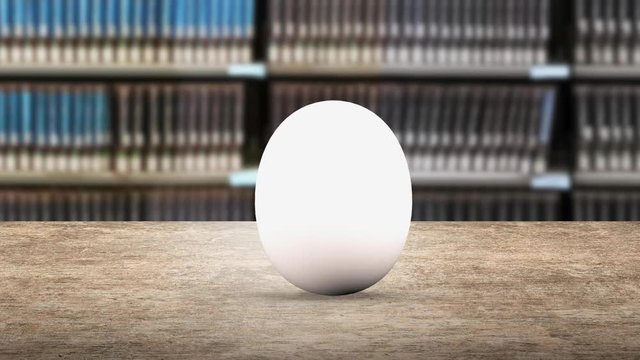 Swaying egg splitting and hatching out red grade result A+ with white eggshell exploded fragments, on wooden desk and bookcase background.