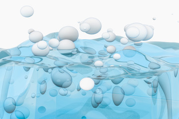 Light blue water wave cube, with creative spheres bubble, 3d rendering.