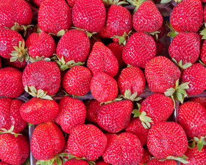 fresh raw strawberries top view close up, red fruit background