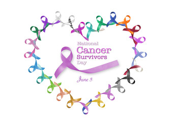 National cancer survivor month, June with heart shape cycle of multi-color and lavender purple ribbons raising awareness of all kind tumors