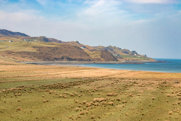 Fototapeta na wymiar Staffin and Staffin Bay Landscape Panorama Highlands Isle of Skye Scotland