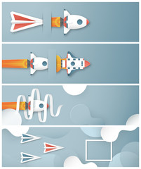 Vector illustration with start up concept in paper cut, craft and origami style. Rocket is flying on blue sky. Template design for web banner, poster, cover, advertisement. It's art craft for kids.