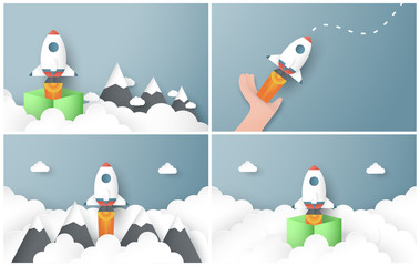 Vector illustration with start up concept in paper cut, craft and origami style. Rocket is flying on blue sky. Template design for web banner, poster, cover, advertisement. It's art craft for kids.