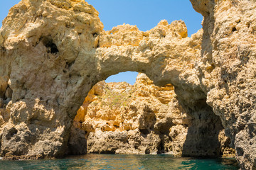 Famous Rocks in Sea, Ocean, Lagos in Portugal. Popular summer travel destination and famous beach at Algarve coastline