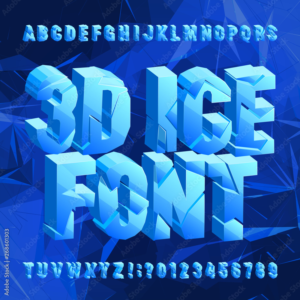 Fototapete 3d ice alphabet font. broken frozen letters and numbers on blue polygonal background. stock vector t