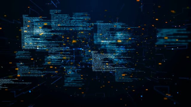 Fly through abstract 3D rendering of a scientific technology data binary code network conveying connectivity, complexity and data flood of modern digital age