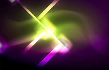 Neon square and line lights on dark background with blurred effects