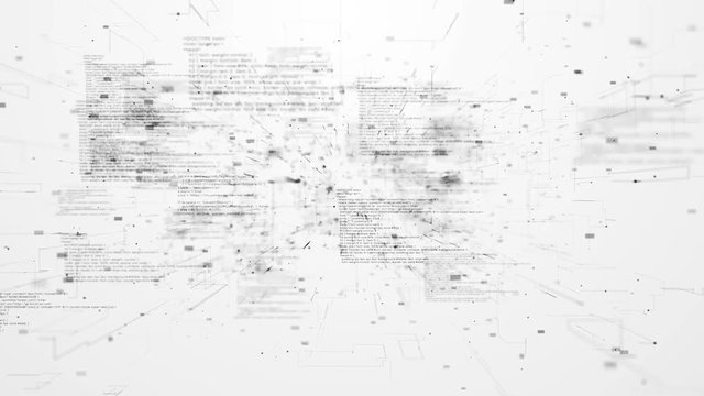 Fly through abstract 3D rendering of a scientific technology data binary code network conveying connectivity, complexity and data flood of modern digital age