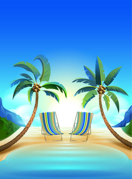 Two sun loungers and two palm trees on tropical beach