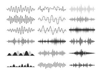 Black musical sound waves. Audio frequencies, musical impulses, electronic radio signals, radio wave curves.