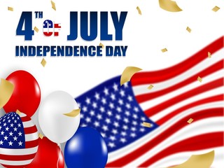 4th of July Happy Independence day USA.   white, blue and red balloons and gold foil confetti on american flag decor white background .Vector illustration .